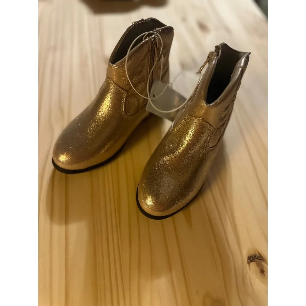 Cat & Jack Girls Metallic Gold Western Cowboy Ankle Boots Side Zip NWT